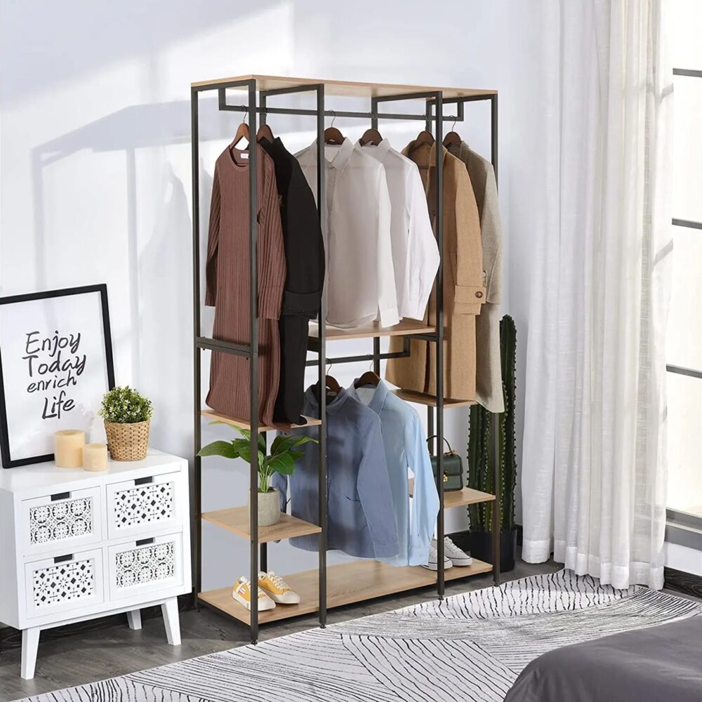Portant Meuble Rangement Penderie En Acier+mdf.porte-vêtements 120x40x201cm.noir+chêne Clair